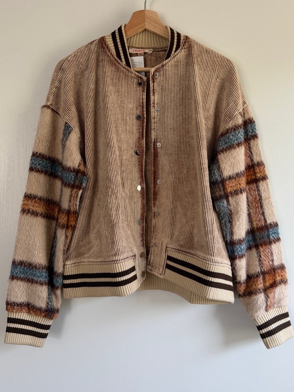 Mazik Tan Corduroy Bomber with Plaid Fuzzy Sleeves